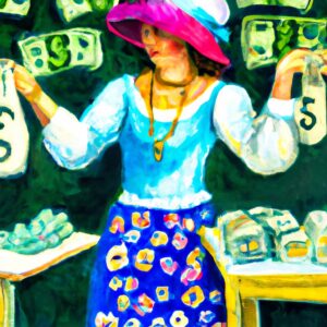 impressionistic painting of a woman selling embroidery and making big bucks.